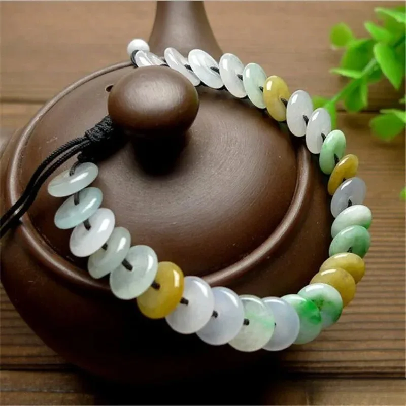 

Natural A Product Ice Jadeite Safety Buckle Bracelet, Women's Three-color Hand-woven Bracelet.