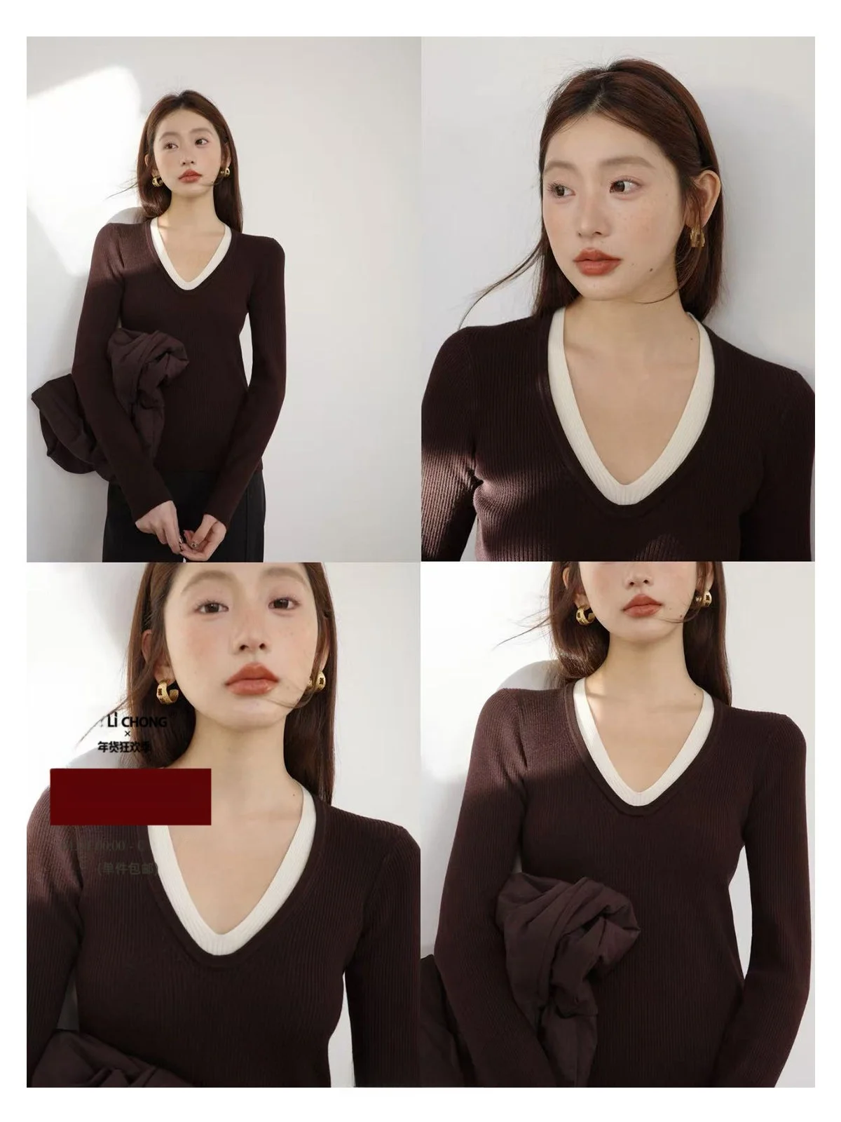 

Elastic V-Ne Knitwear Base Layer Top Slimming Versatile Autumn Winter Design Casual Sle Women's Inner Wear Polyester Fiber