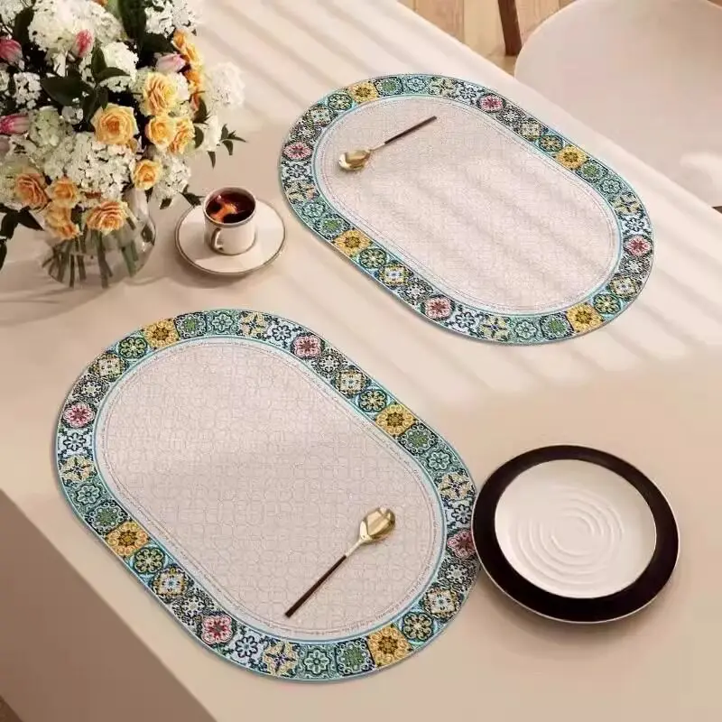 Japanese Premium New Oval Leather Placemat Heat Insulated Waterproof Oilproof Wash-free Western Dining Table Mat Household Dish