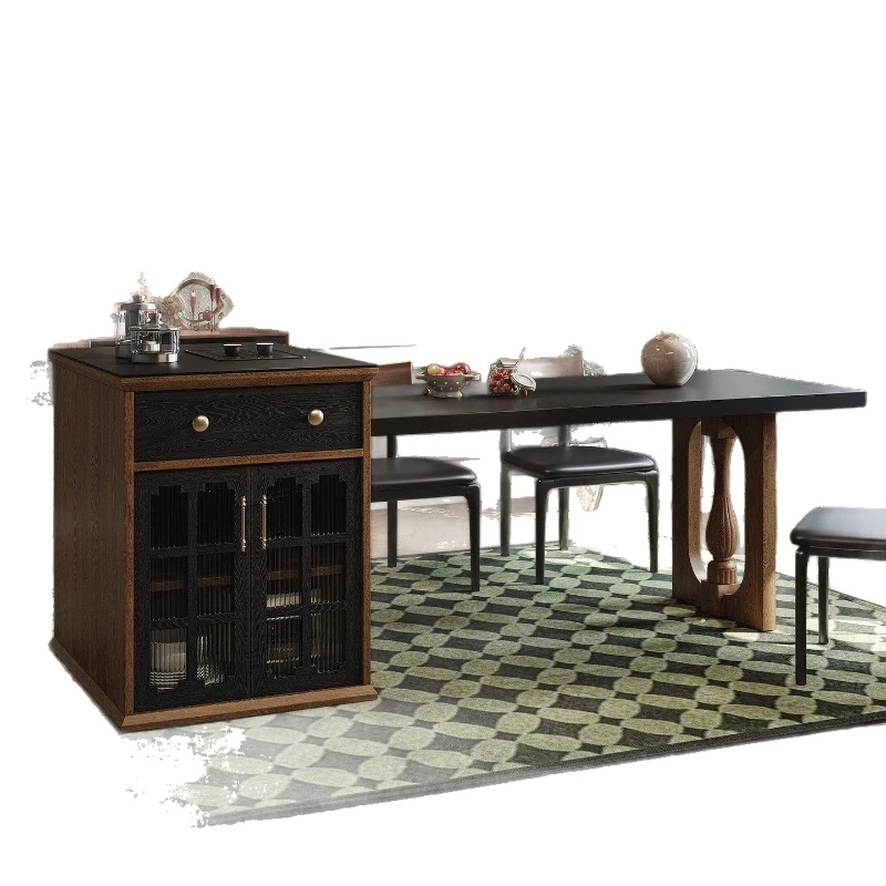 Vintage-style island dining table integrated extendable home sintered stone solid wood island table
