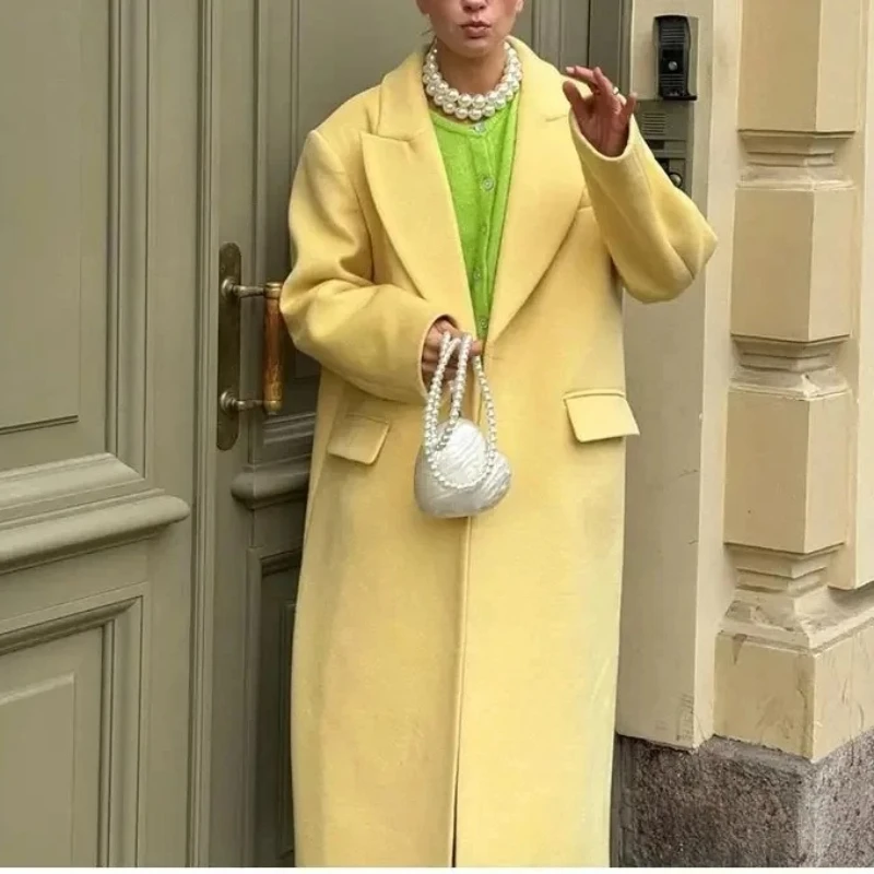 

Осенний женский плащ 2025 года, элегантный воротник, шерстяное свободное пальто с одним пуговиком для женщин