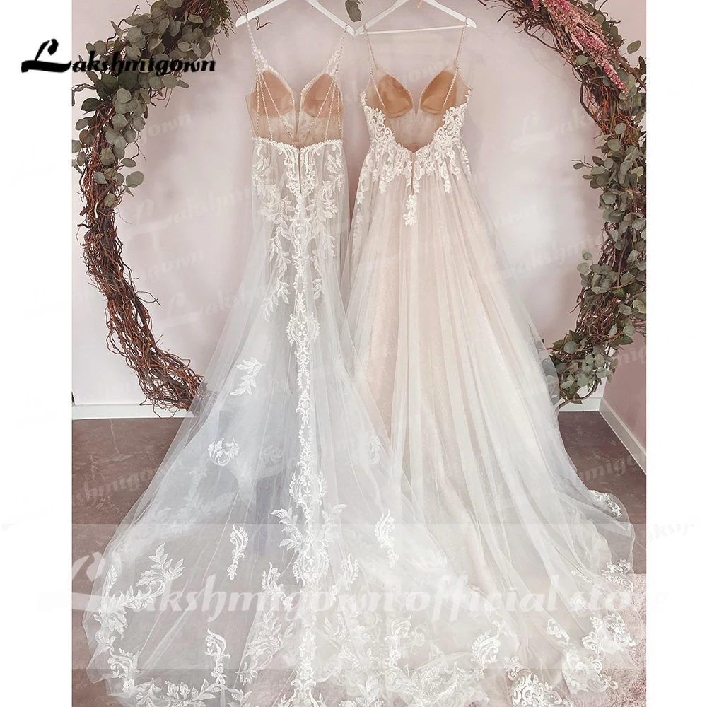 Sexy Boho Wedding Dresses Illusion Embroidery Lace Spaghetti Strap Light Weight Soft Tulle Beach Bridal Gowns Customized