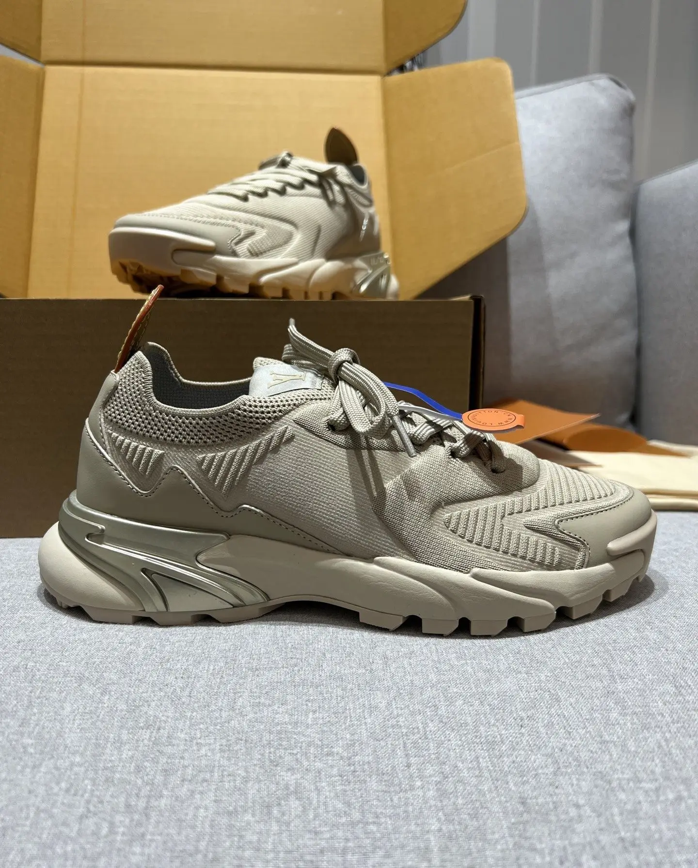 Unisex Khaki Chunky Sneakers Breathable Knit Mesh Leather Splicing Outdoor Trekking Thick Serrated Sole Lace Up Height Increasing Street Dad Shoes
