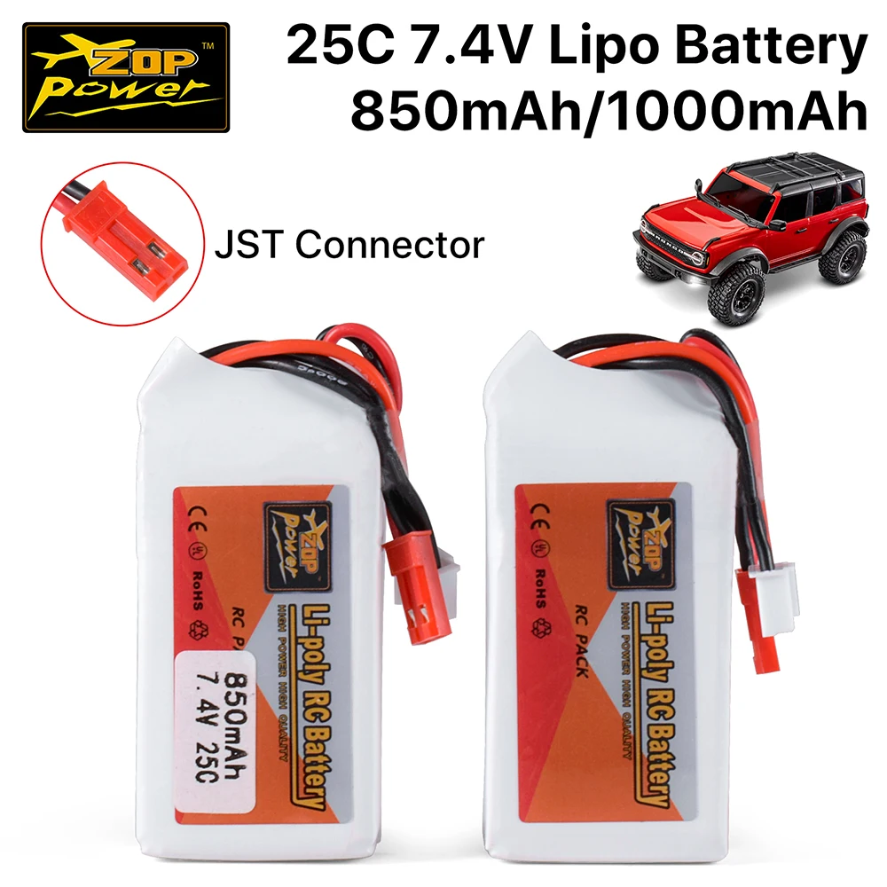 ZOP Power 7.4V bateria Lipo 25C 850/1000mAh Lipos z JST do samochodu TRX4M RC