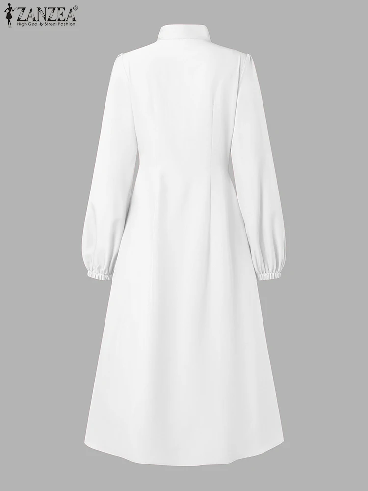 ZANZEA-Robe mi-longue à col montant pour femme, chemise à manches lanterne, robe évasée, streetwear décontracté, printemps, éducatif, 2025