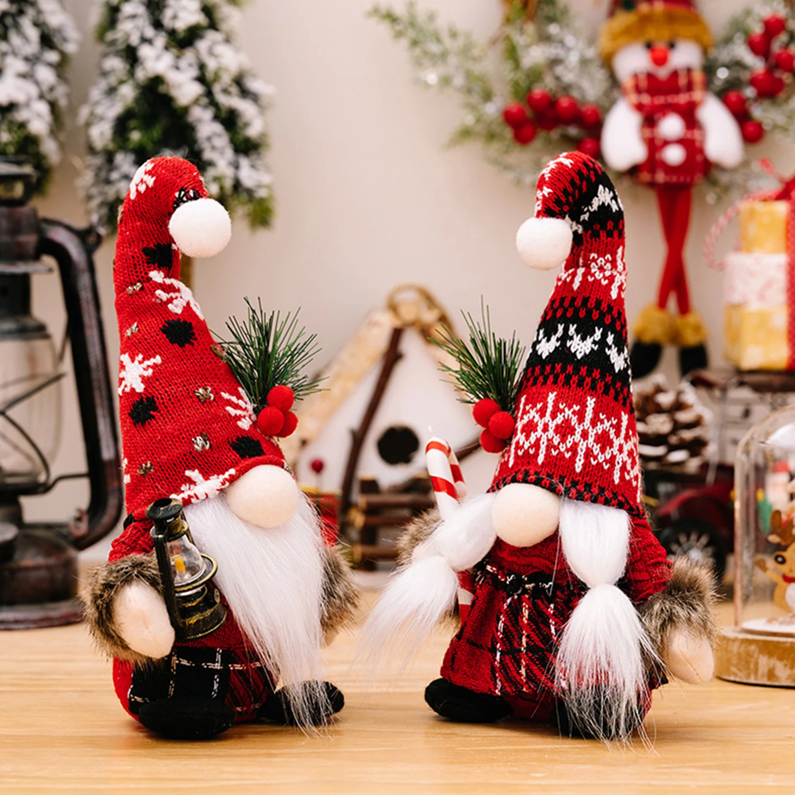 Knitted Christmas Dwarf Ornament with Pompom Detail Red And White Gnome Figurine for Holiday Home Decor Tree Decoration