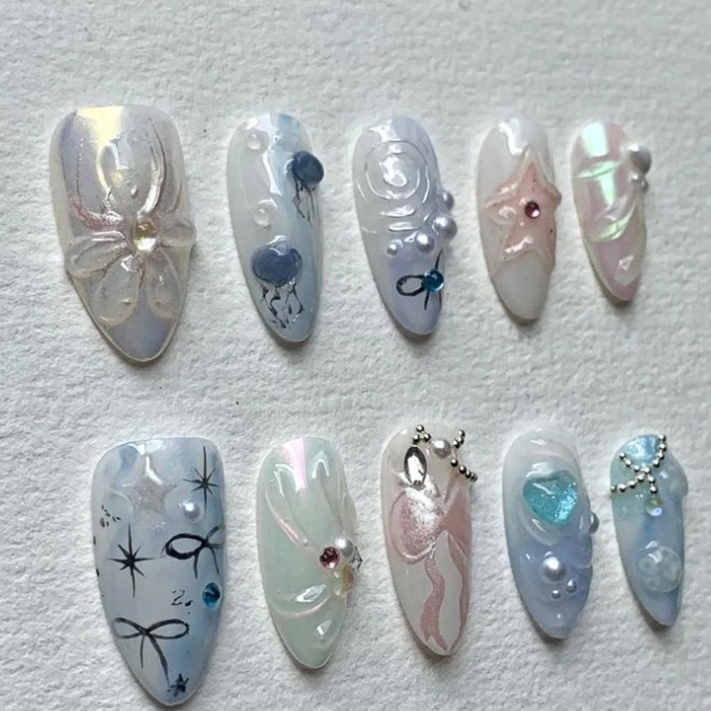 10Pcs Handmade Manicure Medium Almond Fake Nails 2024 New Cute Shell Limited Press On Nails Design with Adhesive Nail File Set