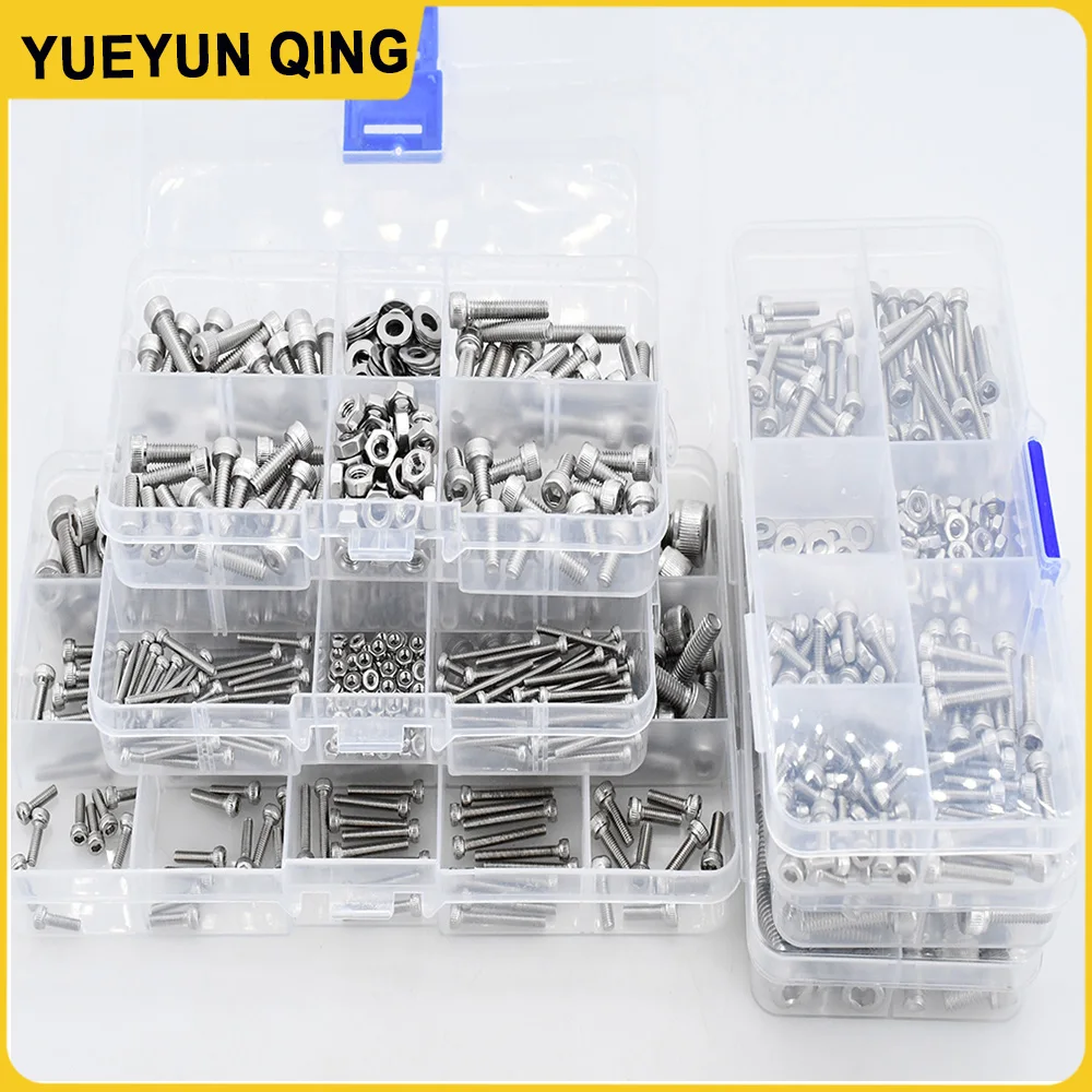 Boxed M2 M3 M4 M5 M6 Hex Socket Screw Allen Cap Head Screw Bolt Nut Washer Kit DIN912 304 Stainless Steel Bolts  Nuts Assortment
