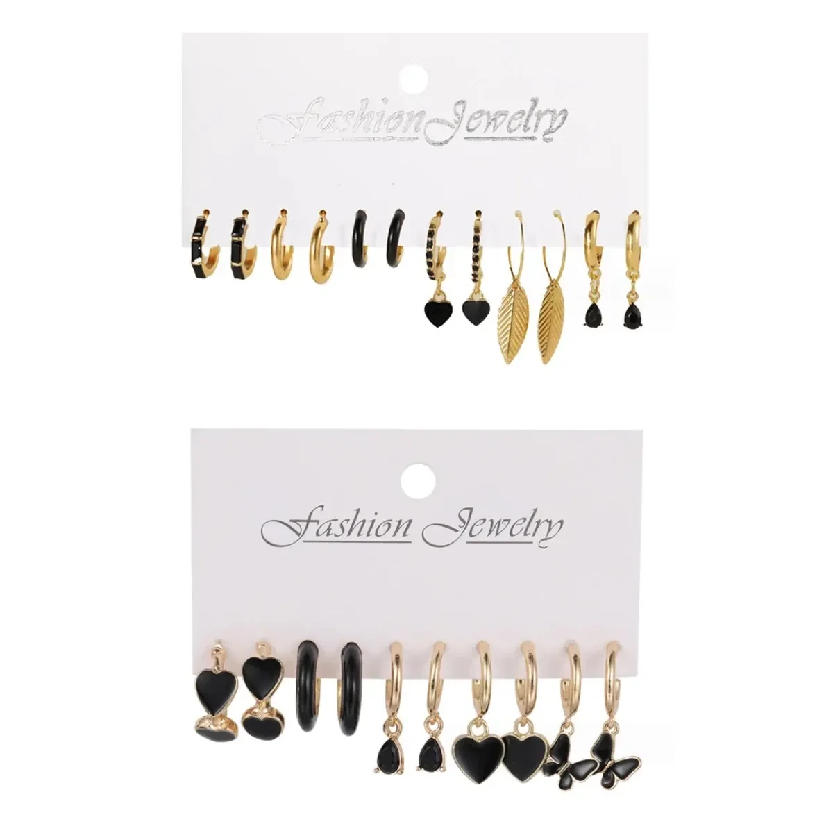 Simple 11 Pcs Black Heart Leaf Butterfly Earrings Set for Women Fashion Temperament Hoop Earring Holiday Wedding Jewelry Gift