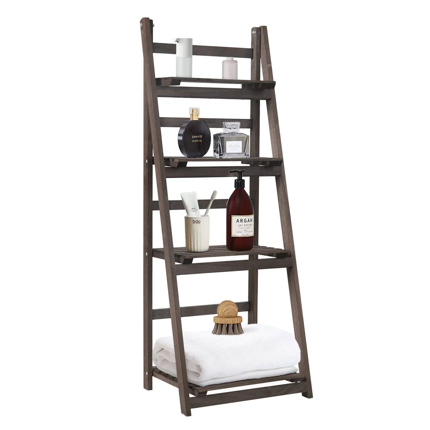 Foldable Ladder Shelf Plant Stand Indoor Flower Pot Stand Patio Rustic Wood with Shelves 4 Tier Outdoor Pot Rack