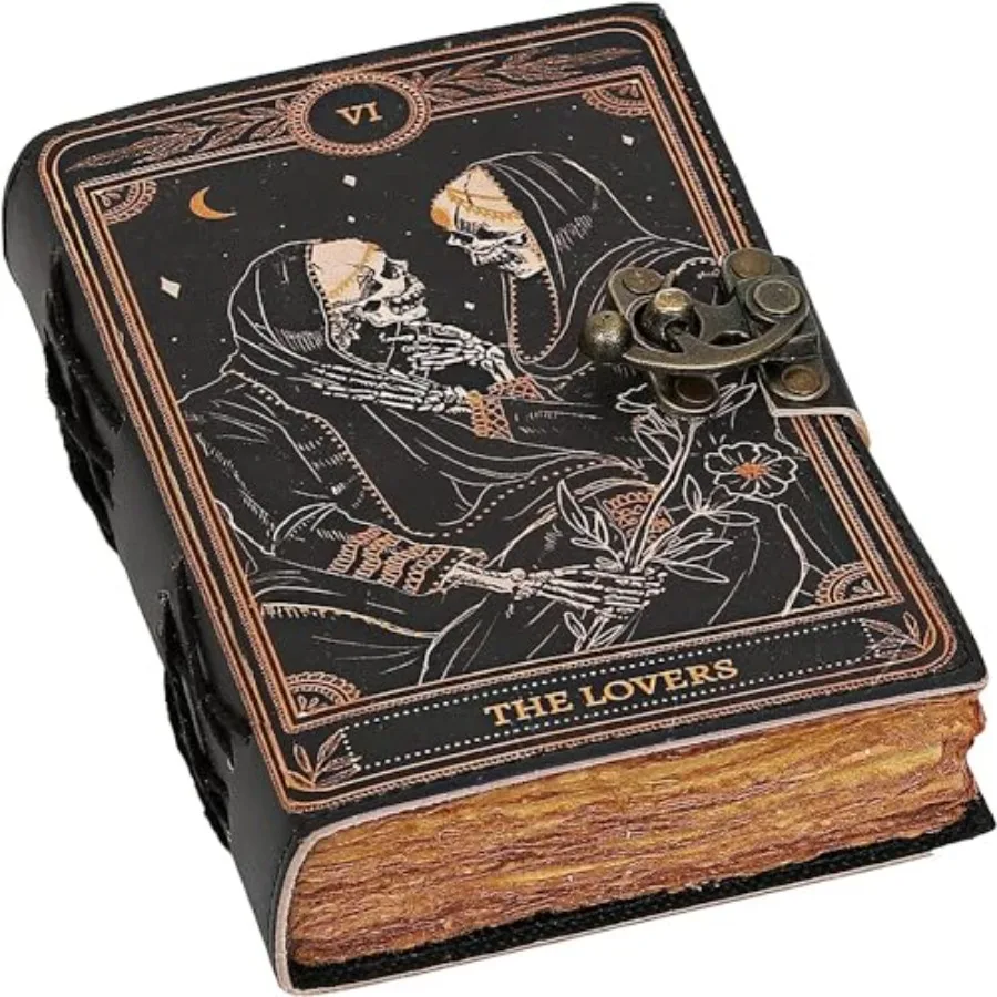 

Кожаный блокнот-гримуар C Book of Spells с бумагой с необработанным краем, блокнот с принтом, блокнот для Таро «Влюбленные», готический блокнот на спирали.