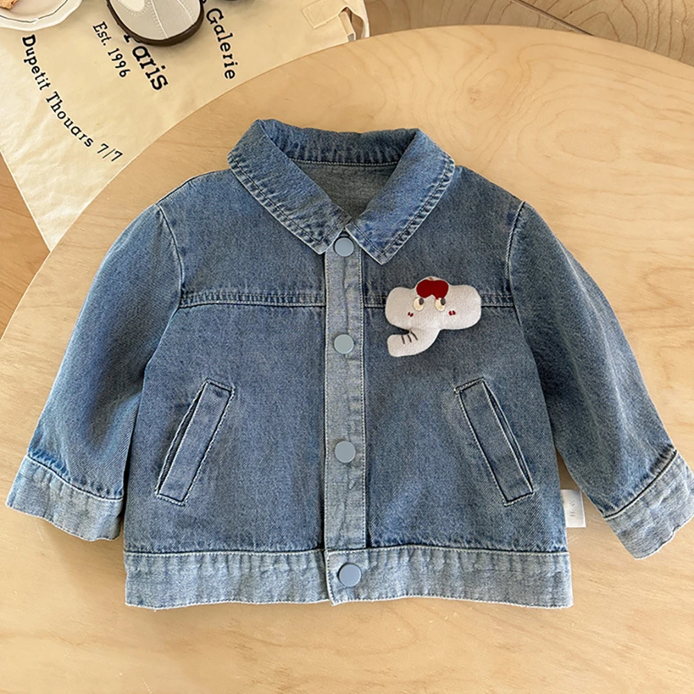 

Джинсовые куртки для детей 1-3 лет, весенние, с мультяшным декором в виде слона, однобортные, для мальчиков, повседневная детская верхняя одежда