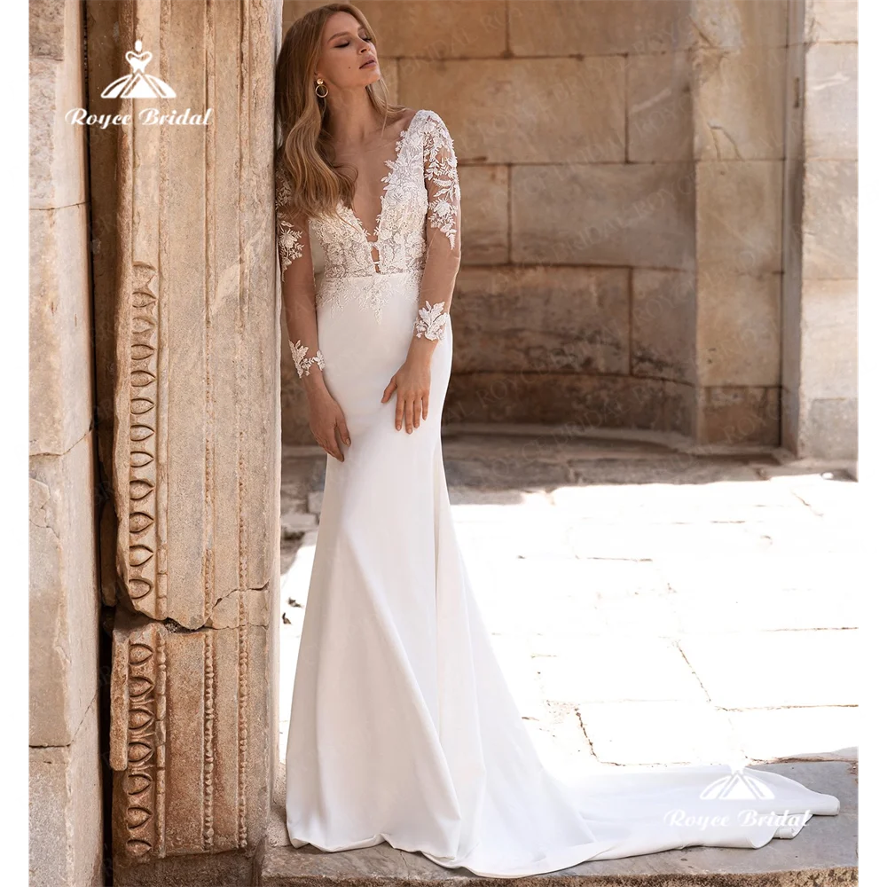 Roycebridal Vestido de novia de sirena con cuello en V Vestido de novia de cola de corte de encaje 2025 Customizedhochzeitskleid damenjehستان وelegan