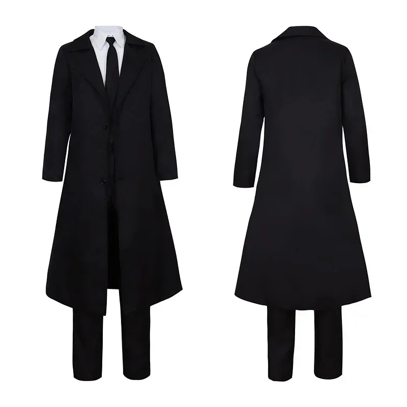 Wat22 anime motosserra homem cosplay traje preto trench camisa gravata calças makila peruca longa luz vermelha trança masculino wom novo 2025 aa