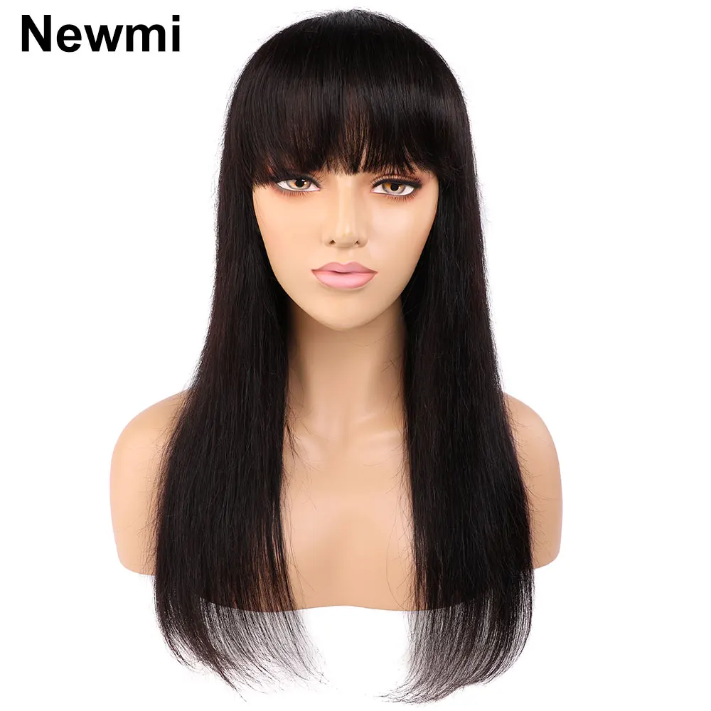 Perucas longas retas do cabelo humano com franja para mulheres negras, Glueless, preto natural, franja, 30 ", 180%