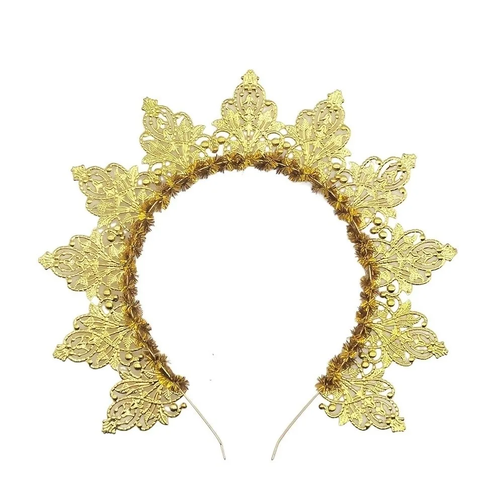 

Flower Goddess Halo Headband Rhinestone Exaggerated Women Hairband Gold Color Aureole Traditional Festival Hair Hoop Photography