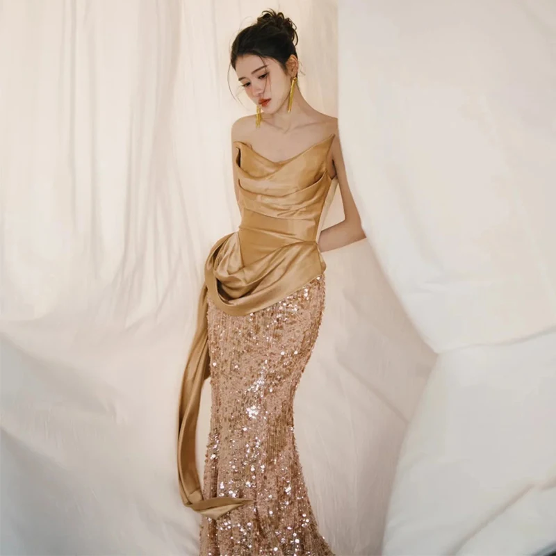 

Champagne Color Evening Gown 2025 New Sle Slimming Fi Tail Skirt Wedding Dr Korean Sle mid Waist Long Skirt with Beads