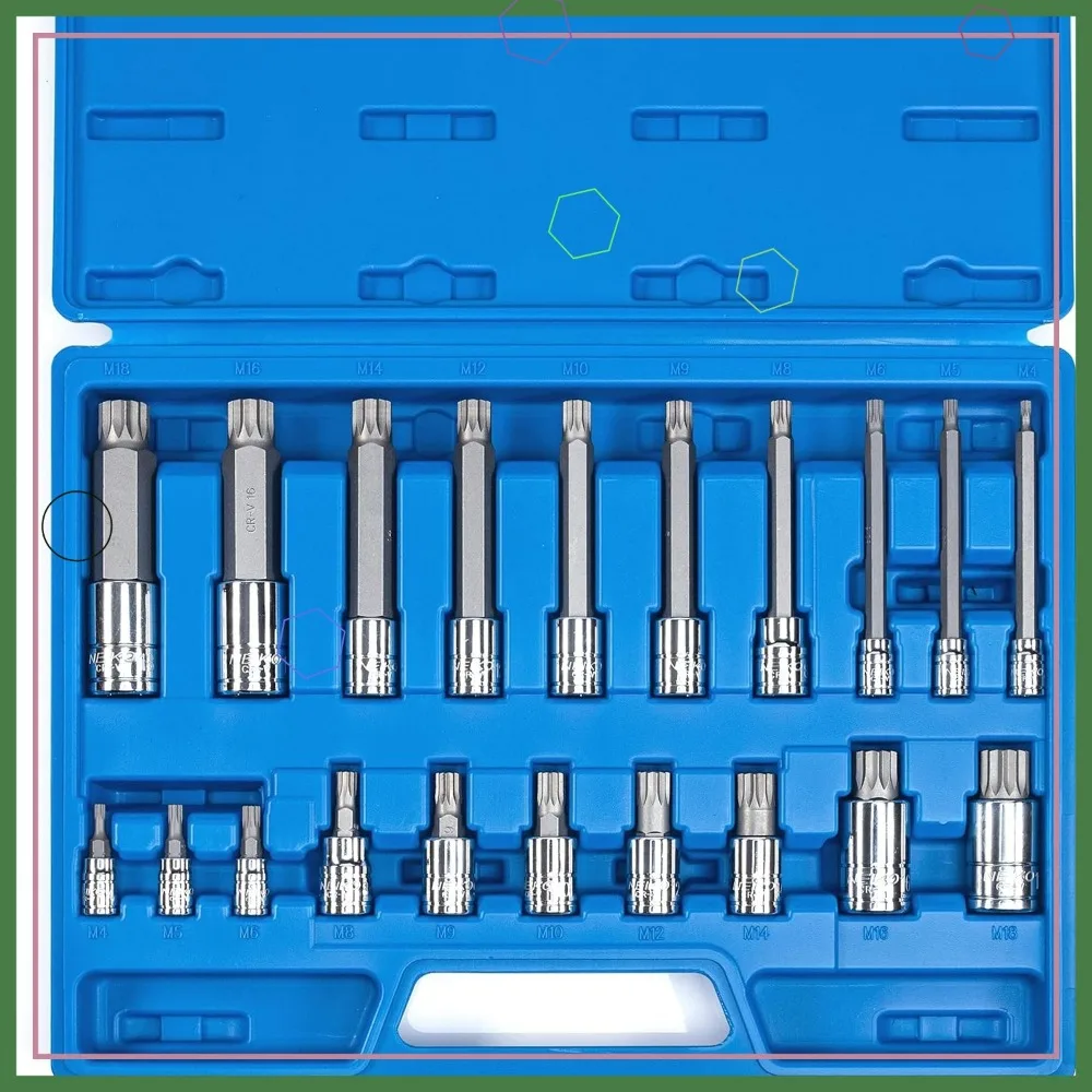 مجموعة لقم مربعة ثلاثية XZN مكونة من 20 قطعة، مقبس مفصل طويل جدًا 4 بوصات، 4 مم - 18 مم، S2 وفولاذ Cr-V