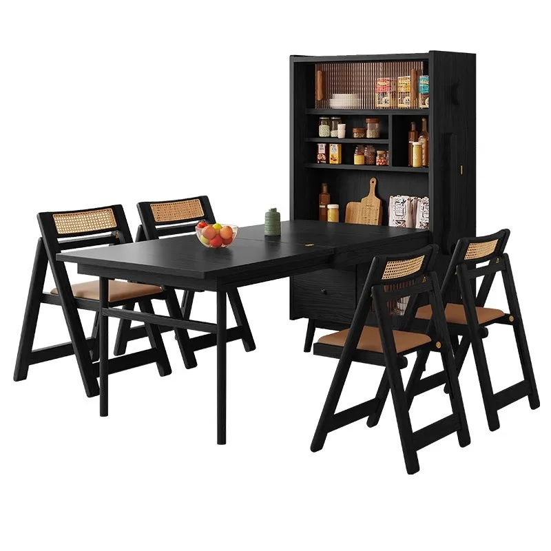 

Foldable dining table integrated dining side cabinet solid wood retractable household small apartment robot multi-function
