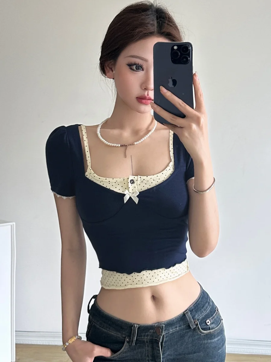 

Потрясающий женский летний комплект 2024: облегающая футболка и жилет в горошек в американском стиле, модный двухсоставный набор