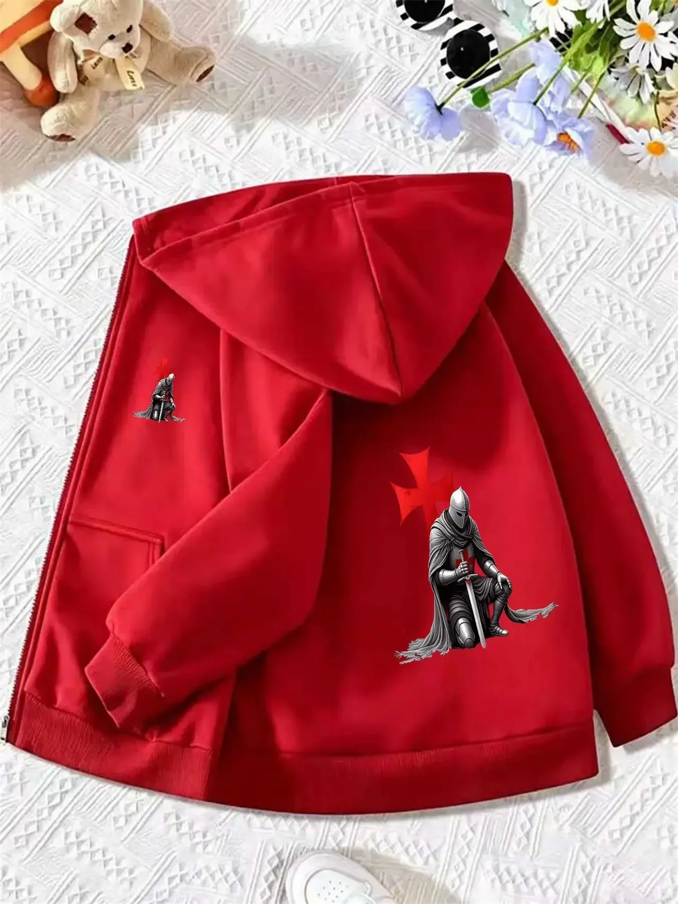 Kids Fashion Double Print Templar Knight Red Cross Zip Up Hooded Jacket Boys Long Sleeve Loose Street Outerwear