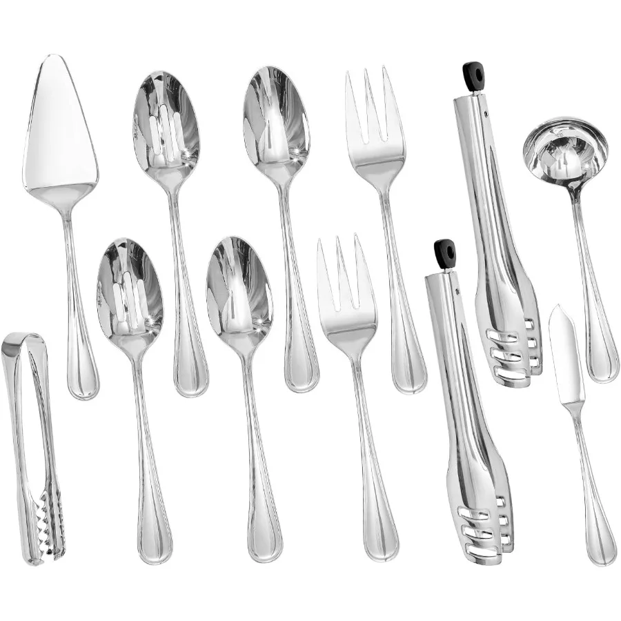

12 Piece Teardrop Serving Utensils Set 18 10 Stainless Steel Serving Utensils Slotted Spoons Forks Tongs Cake Server Butter Kni