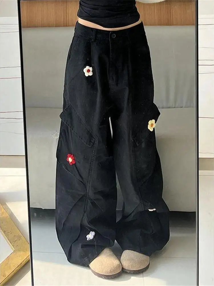 Jean de travail brodé rétro, grande taille, Design américain, ample, jambes larges, pantalon en Denim pour parachutiste, traînant le sol