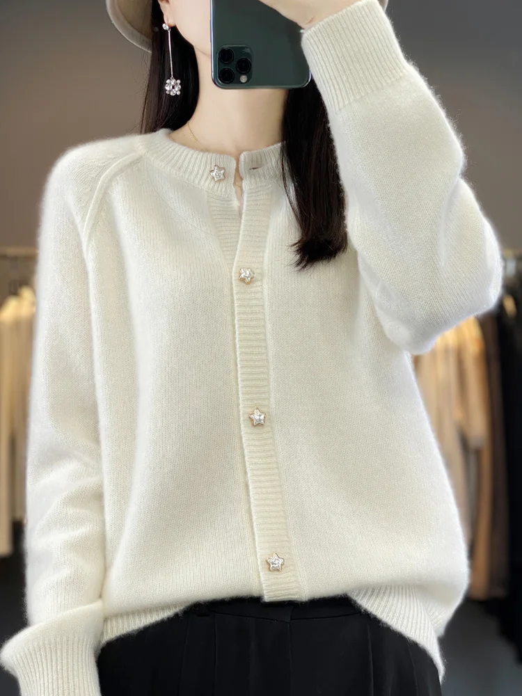 Autumn Winter Women Button O-Neck Cardigan Cashmere Sweater 100% Merino Wool Thick Knitwear Female Grace Soft Casual New Top