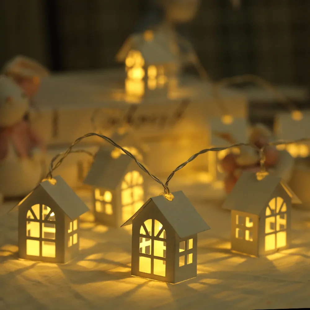 Batteriebetriebene kleine Holzhaus-Girlande, Weihnachtsbeleuchtung, Neuheit, 2 m, 10 LEDs, Lichterkette für Party, Hochzeit, Urlaubsdekoration