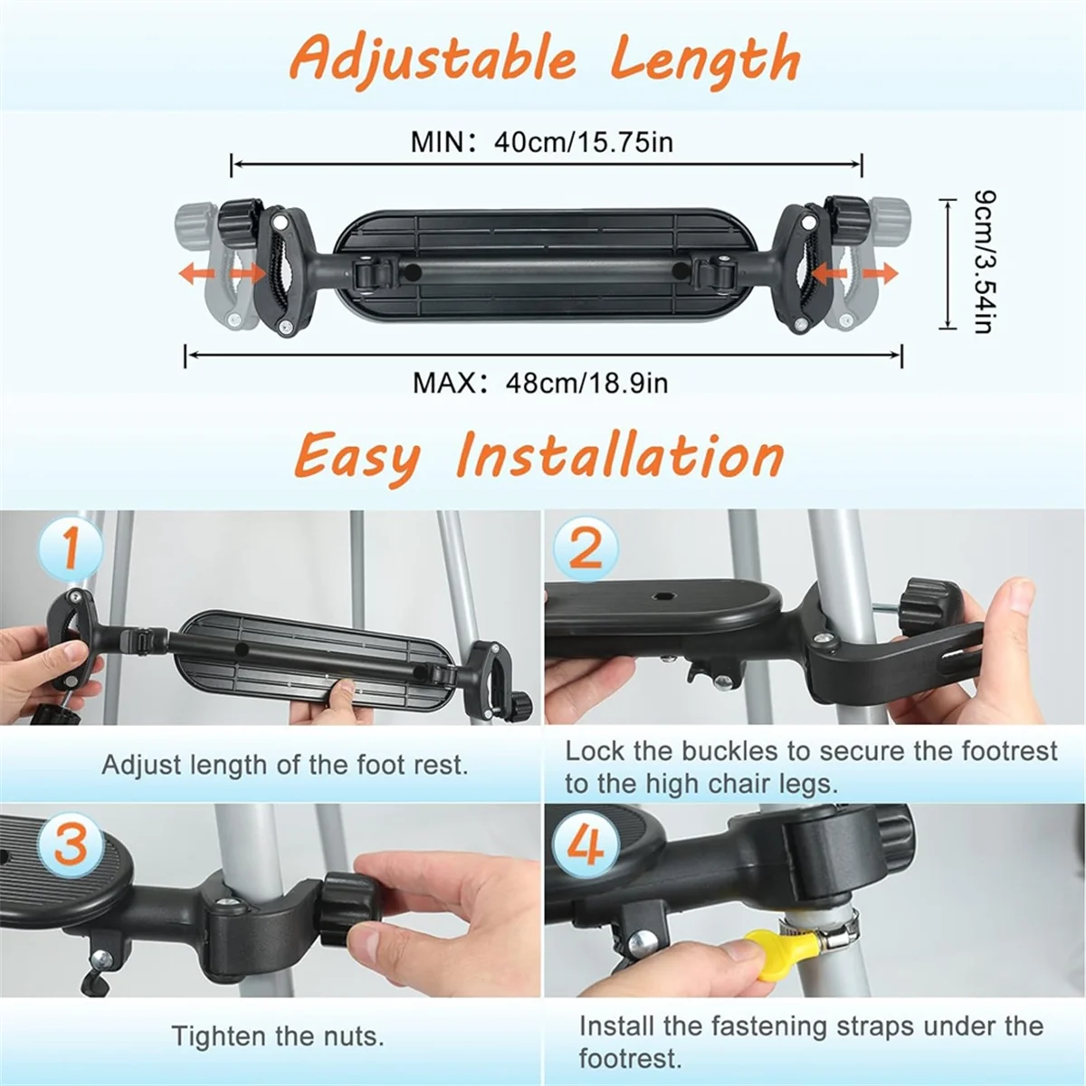 مسند للقدمين للكرسي العالي غير قابل للانزلاق، مسند للقدمين، ارتفاع قابل للتعديل، مسند للقدمين من مادة البولي بروبيلين