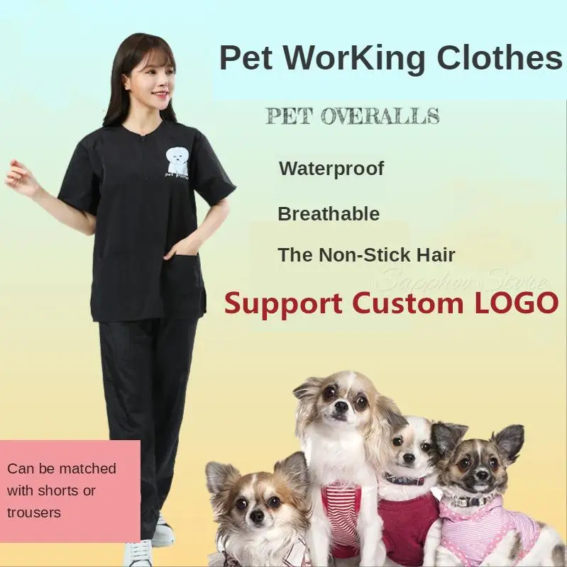 Black Bichon Poodle Top Waterproof Pet Grooming Apron Antistatic Non-stick Pet Beautician Work Clothes Dog Cat Bathing Apron