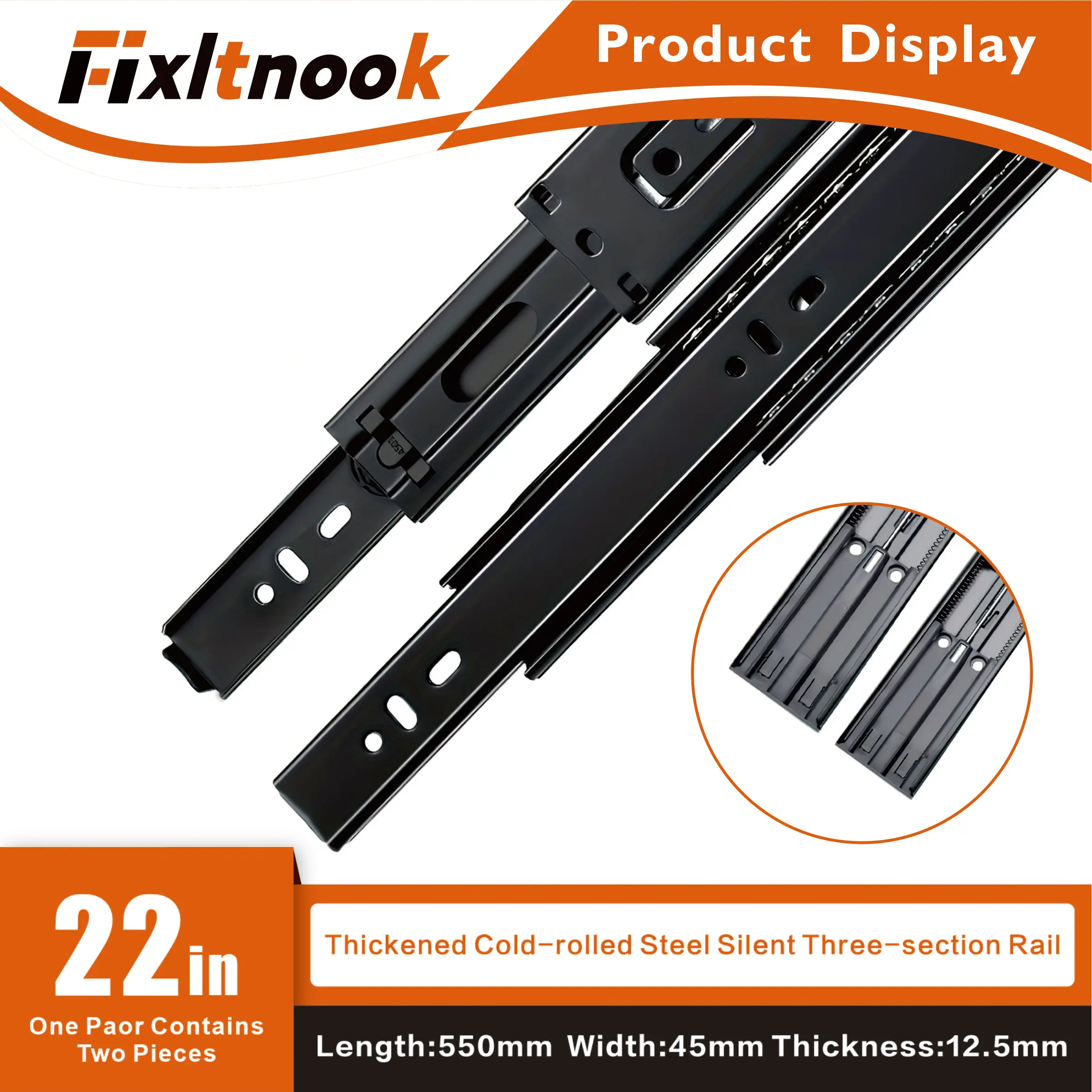 Riel deslizante de cajón cerrado suave totalmente extensible de 22 pulgadas, 1 par de rieles deslizantes de rodamiento de bolas de acero laminado en frío montados lateralmente