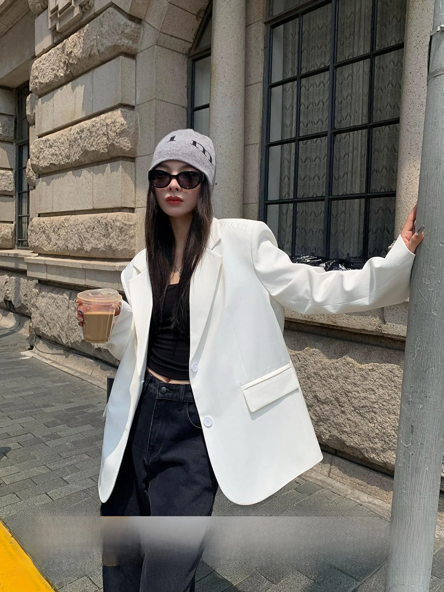 

Loose Lettering Casual Women's Suit Jaet Autumn Winter Polyester Fiber Long Sve Single Button Closure Faion Outerwear