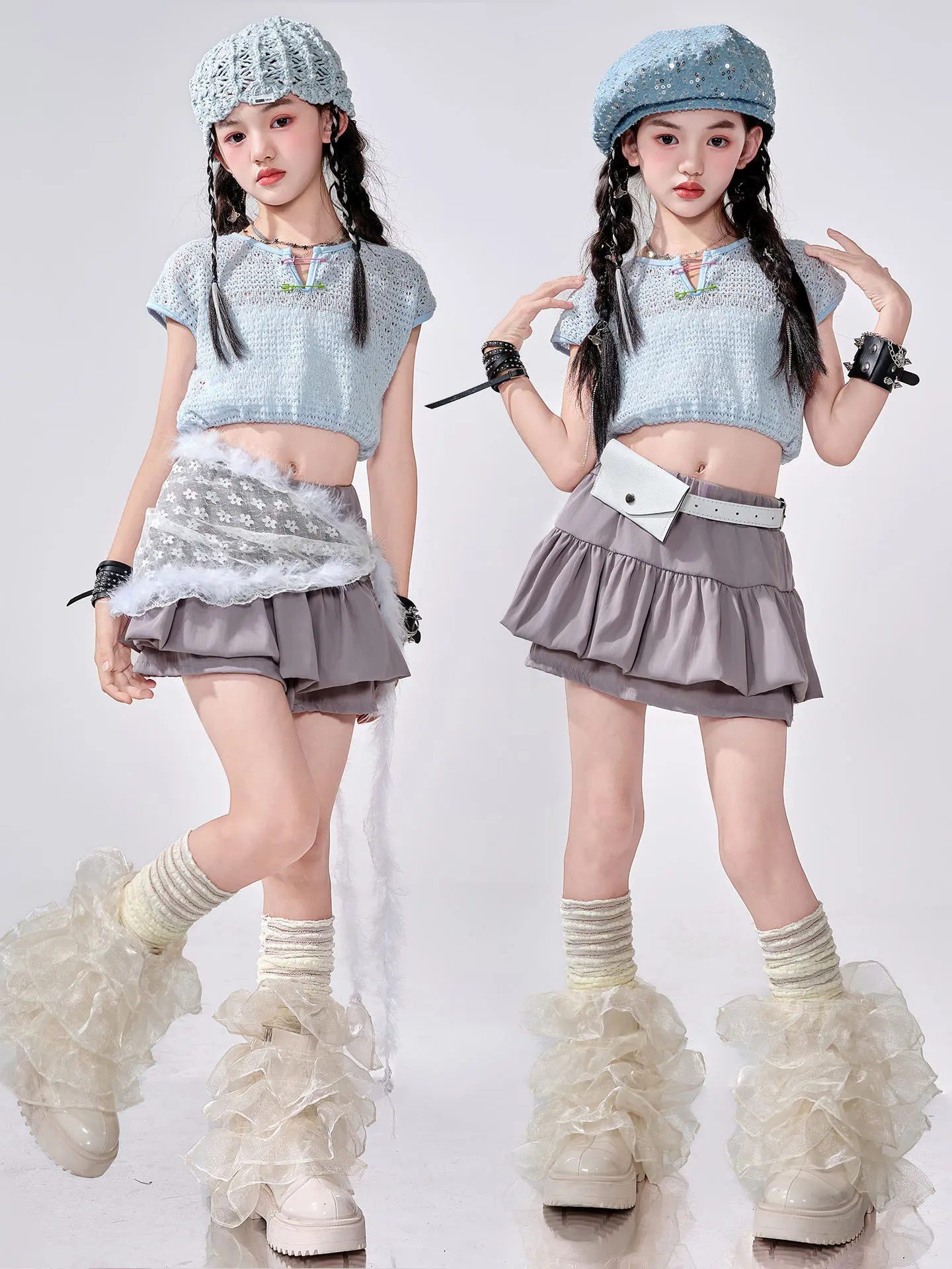 Kids Jazz Dance Clothes Girls Cheerleading Dance Performance Suit Blue Tops Gray Skirt Kpop Hip Hop Catwalk Stage Wear