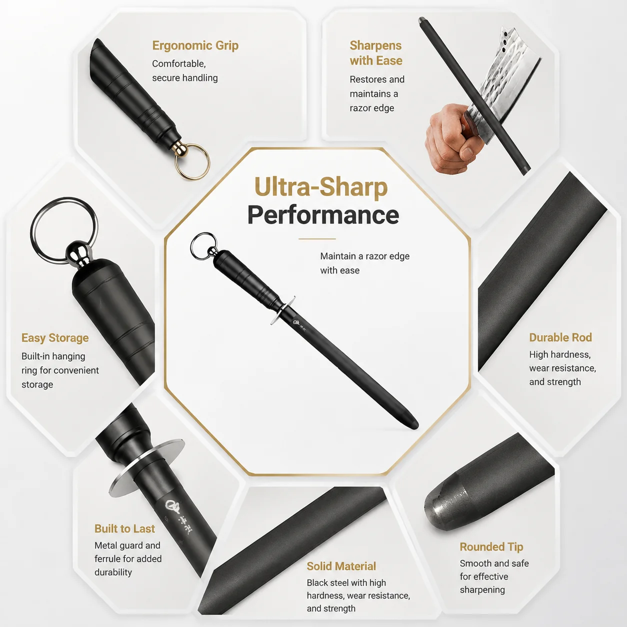Professional Butcher Sharpening Rod - Black Steel Commercial-Grade Tool For Chef/Kitchen Knives | Instant Edge Restoration