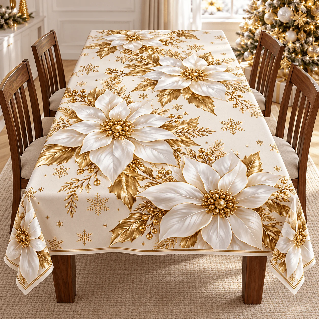 1 square tablecloth, milky background, white poinsettia, gold leaves and snowflake prints, Christmas table
