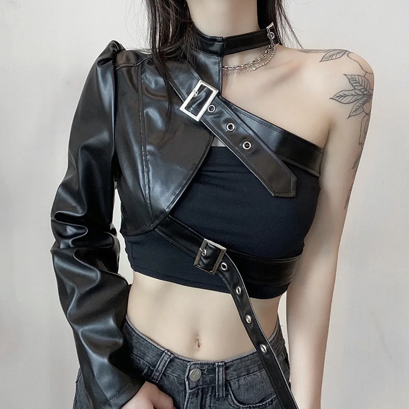 

Fall Clothes One Shoulder Cropped Woman Jacket Adjustable Metal Buckle Motorcycle Women Choker Hollow Out Slim Coat Faux Leather