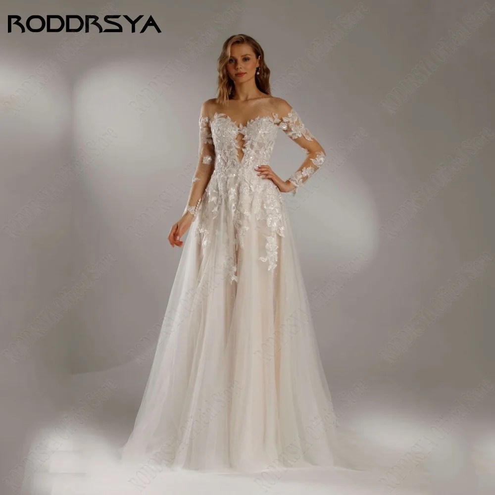 RODDRSY Modern Light Champagne Weddiing Dresses For Woman Long Sleeves Beach Bride Gowns Illusion A-Line estido de noiva 2021