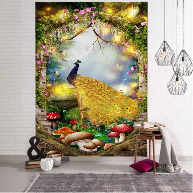 3DGreat forest tapestry forest peacock wall hanging peacock Bohemian Hippie mushroom rock polyester blanket