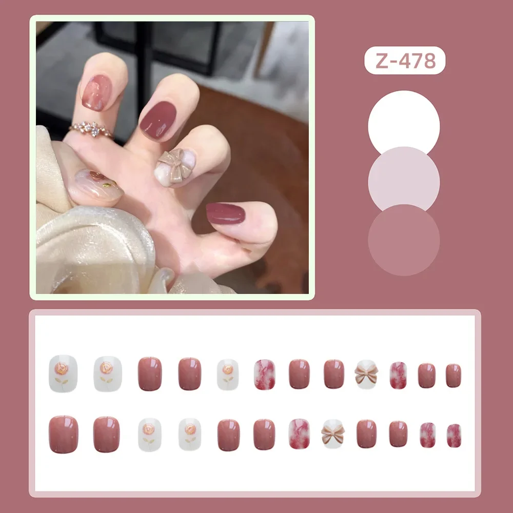 24Pcs/Set Fresh Pure Desire Acrylic Fake Nails Tips Small Flash Checkerboard Bowknot Wearing False Nails French Press on Nails