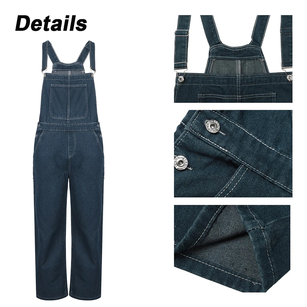 Men\'s Suspenders American Retro Denim Overalls Bibs Wear-Resistant Slash Pocket Baggy Jumpsuit for Men Streetwear Wide Leg Jeans