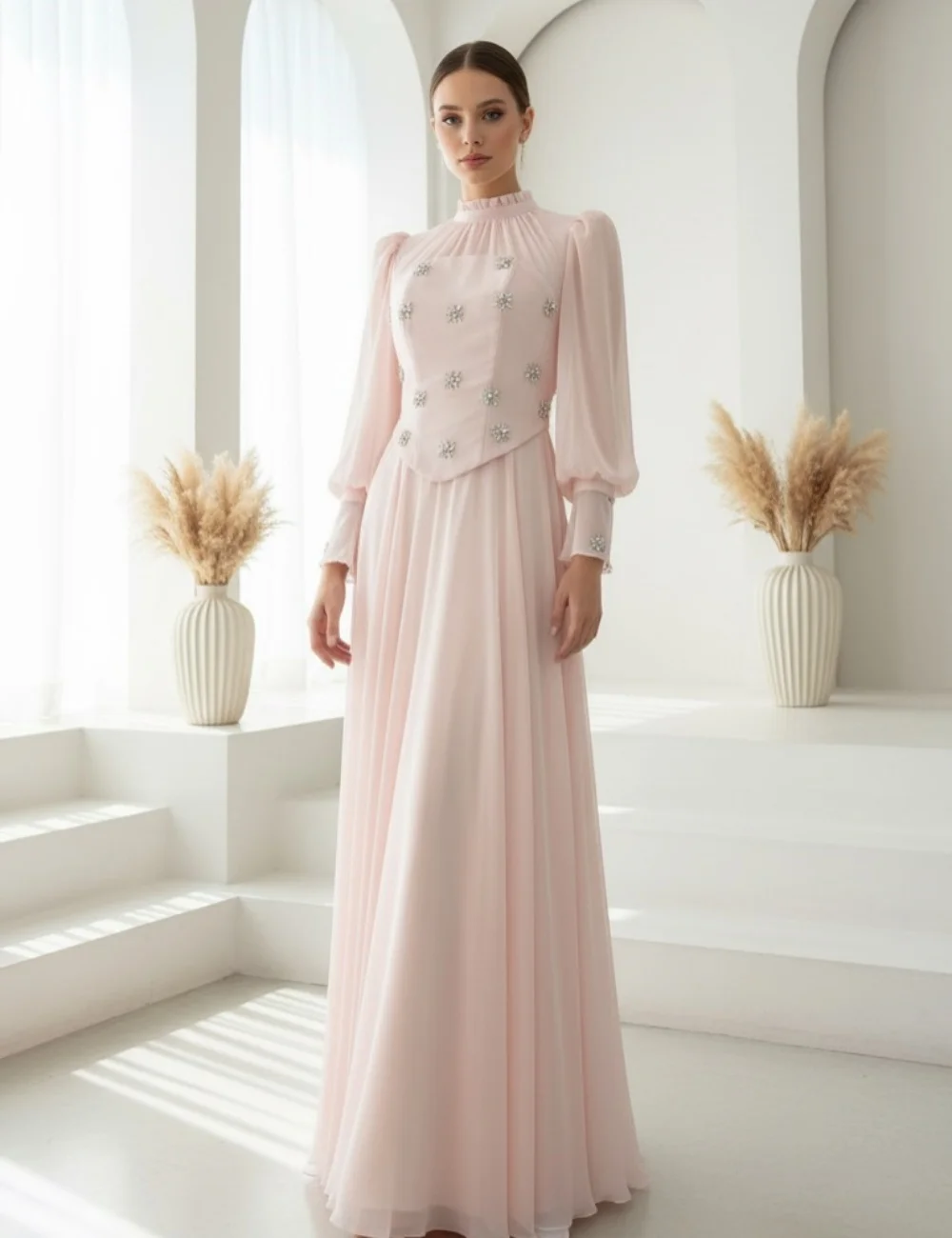 

Customized Pink Elegant Fashion Jersey Pleat Draped Rhinestone A-line High Collar Long Dresses Evening Dresses Casual Classic