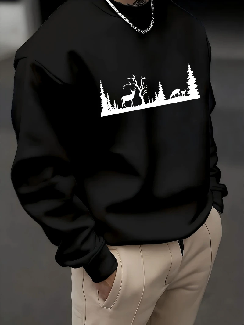 

Mens Stylish Deer Print Sweatshirt Casual Long Sleeve 2025 Autumn and Winter Round-neck Hoodie Is for Both Men and Women Top