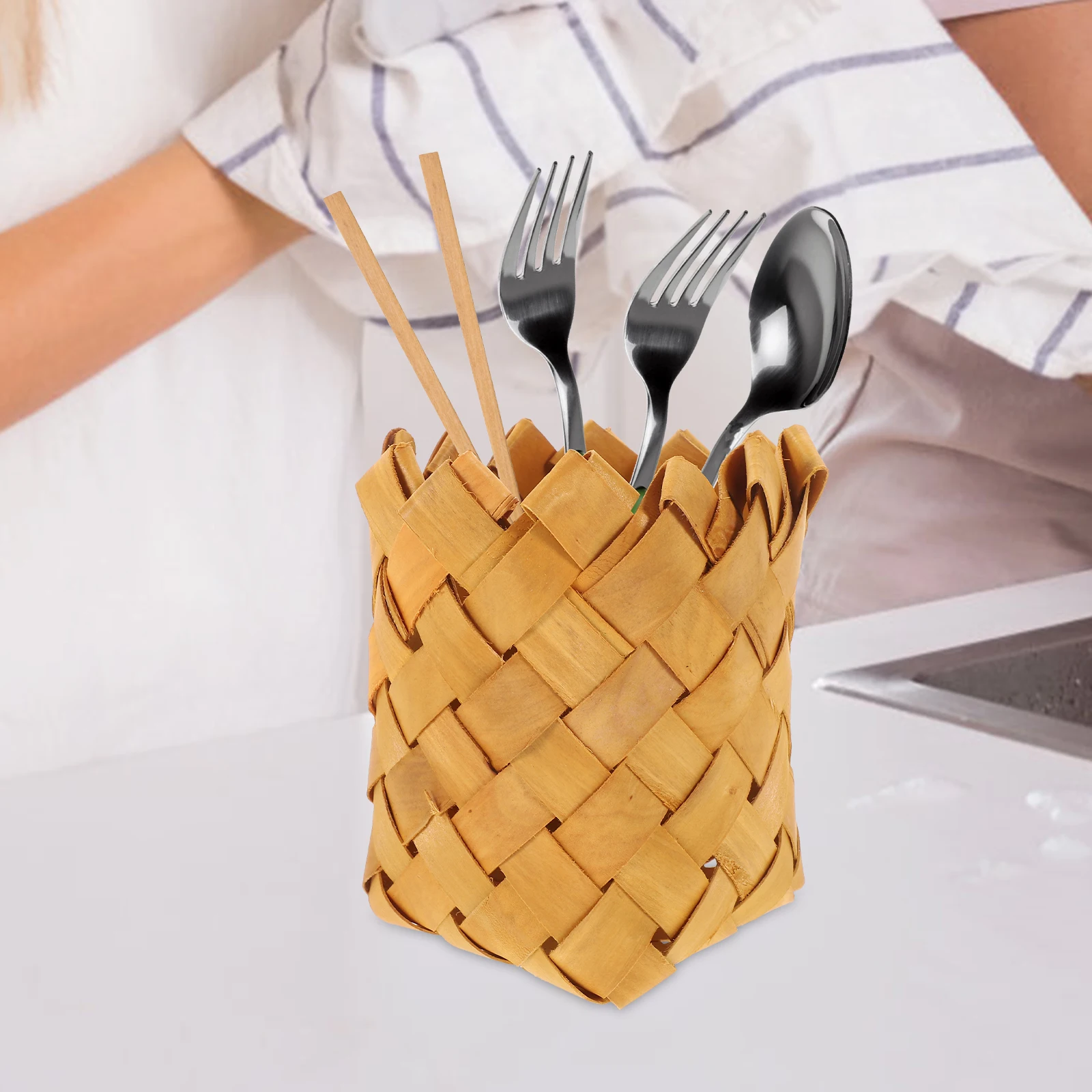 

Small Woven Basket Storage ganizer for Cutlery Tableware Pencil Kitchen Countertop Lightweight Practical Gift Space for Utensils