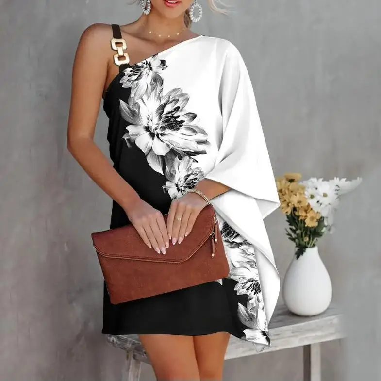 

Summer Sexy One Shoulder Long sleeved Women's 2024 Sling Dress Bat Sleeve Off the Shoulder Print Sexy Loose Asymmetric Dress