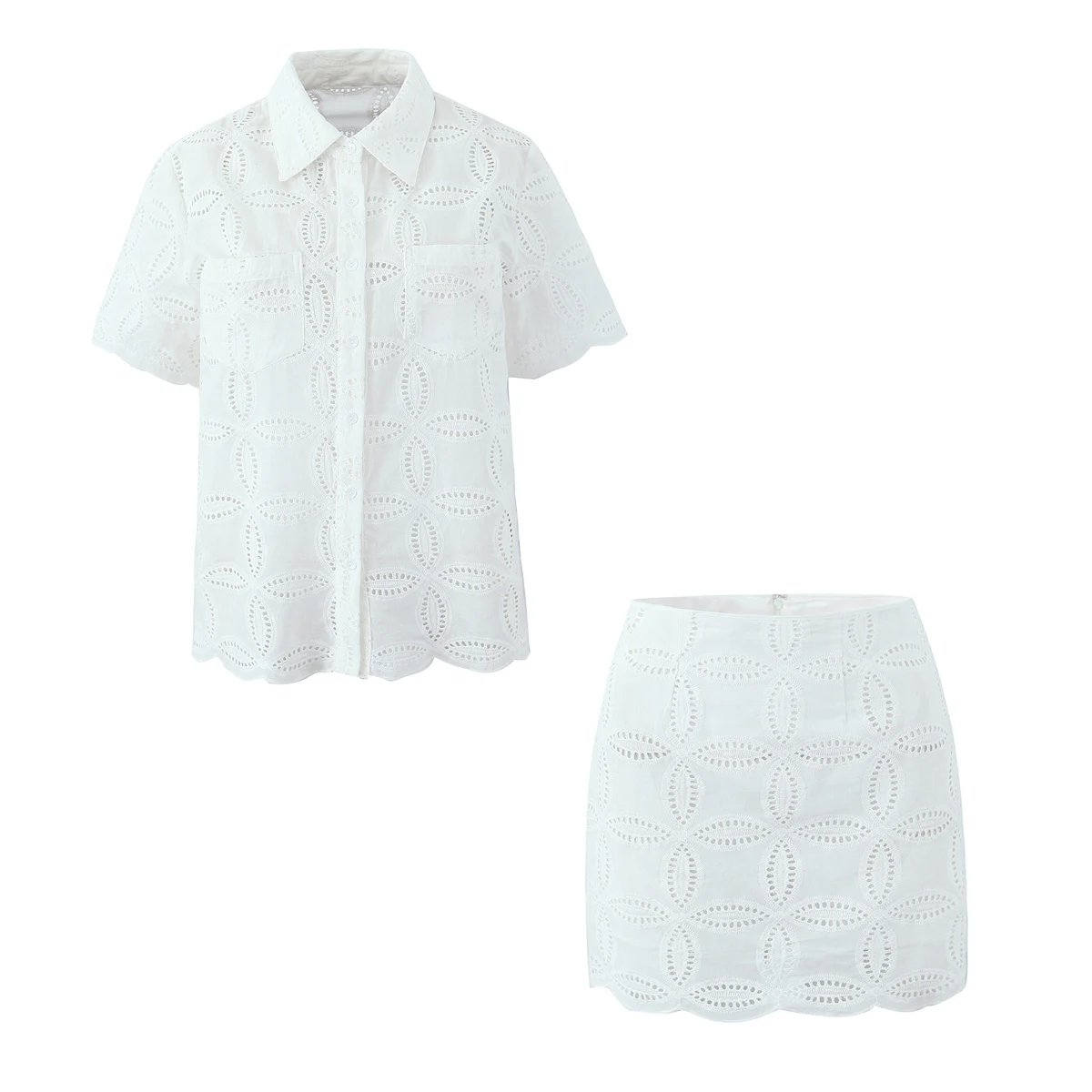 

Embroidered Hollow Out Skirt Sets Women White Suit 2025 New Summer Pocket Lapel Short-sleeved Shirt+Mini Skirt Set 2 Pieces Set