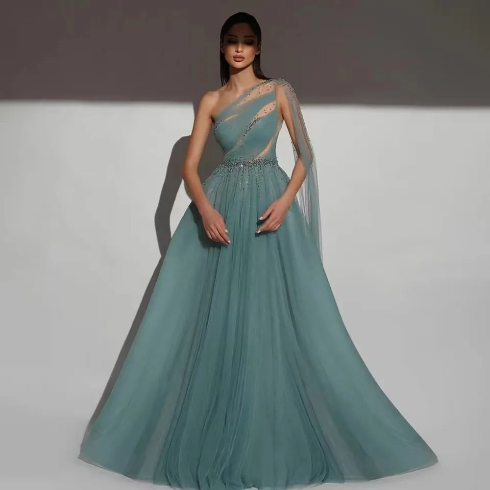 

Luxury Green A-Line Tulle One Shoulder Prom Dresses Sleeveless Evening Party Dresses Open Back Long Prom Gown