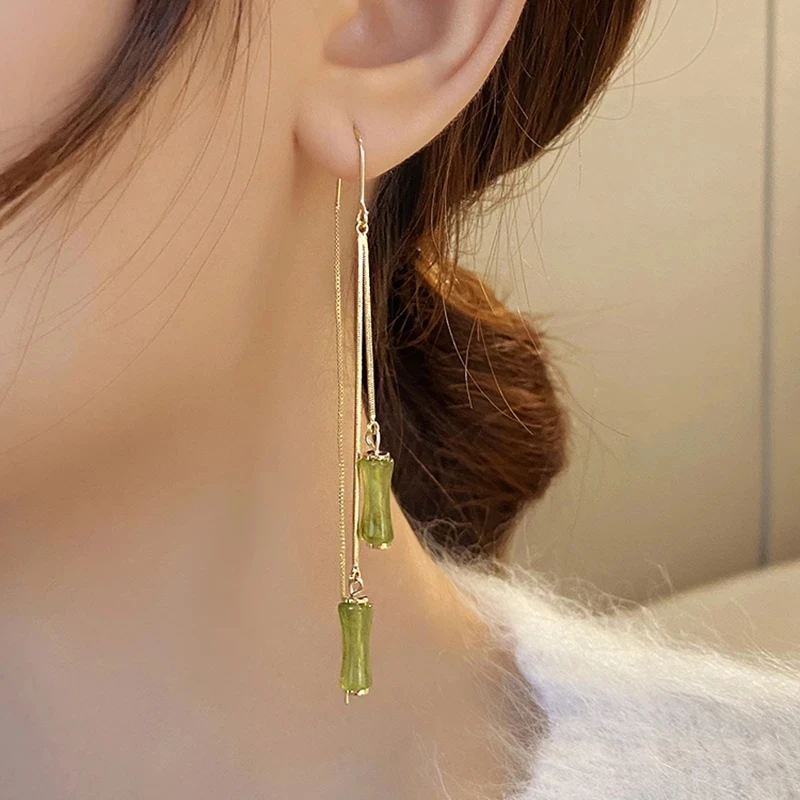 

New Fashion Design Green Bamboo Pendant Gold Color Drop Earrings 2022 Christmas Party Gifts Unusual Jewelry for Women Accessory