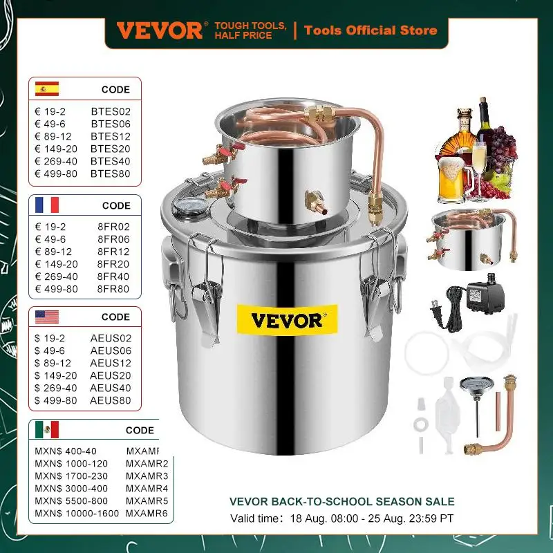 VEVOR Moonshine Distiller Alcohol Still 12/19/30L DIY Home Wine Brandy Whiskey Distillery Kit Essential Oil Brewing Equipment