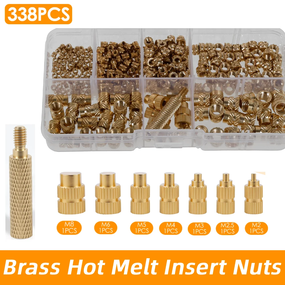 338Pcs Threaded Insert Nut Kit M2 M2.5 M3 M4 M5 M6 M8 Hot Melt Heat Knurled Embed Injection Brass Insertnut for 3D Print Plastic